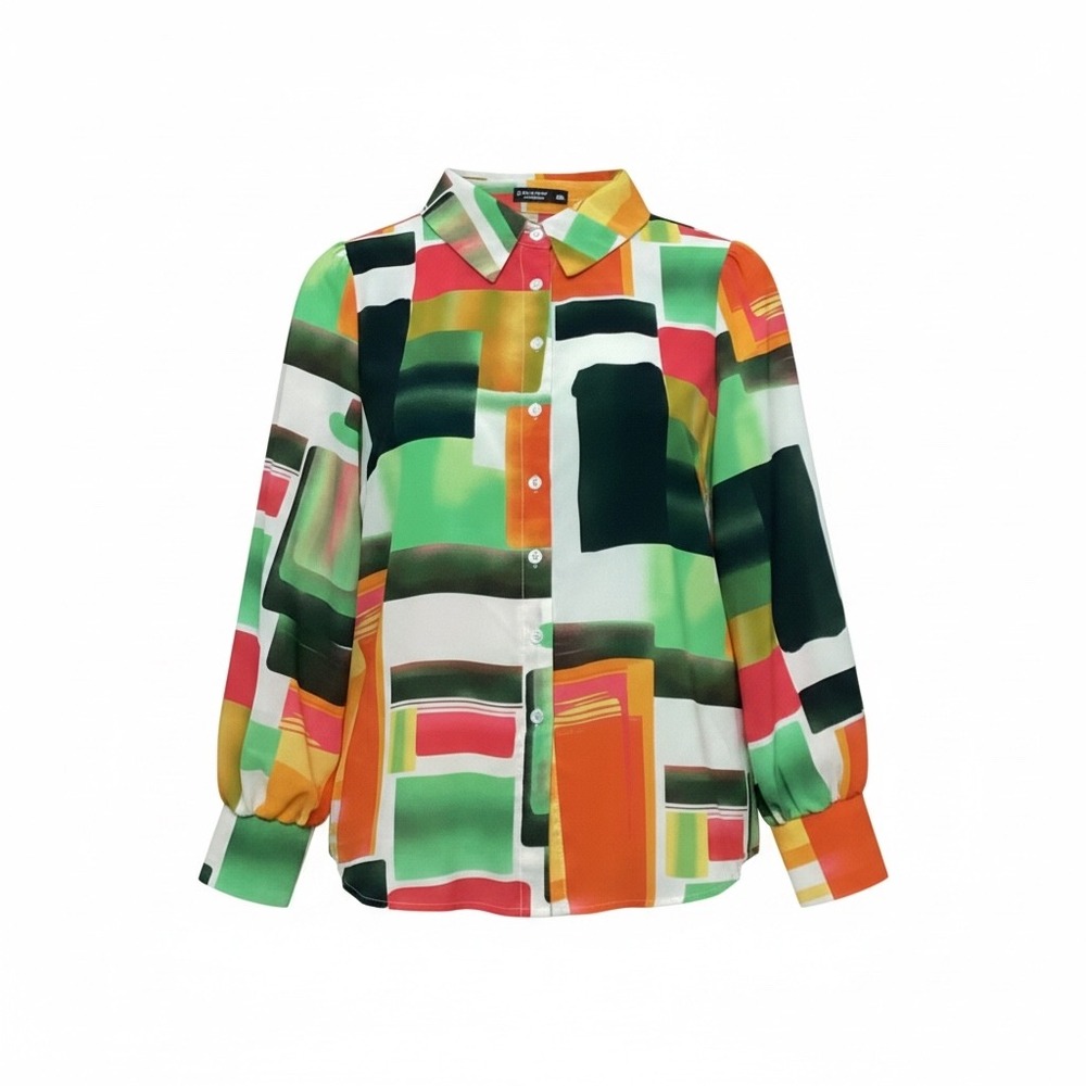 Sason Curve Women 0XL Blouse Geometric Abstract Print Button Down Multi-Color